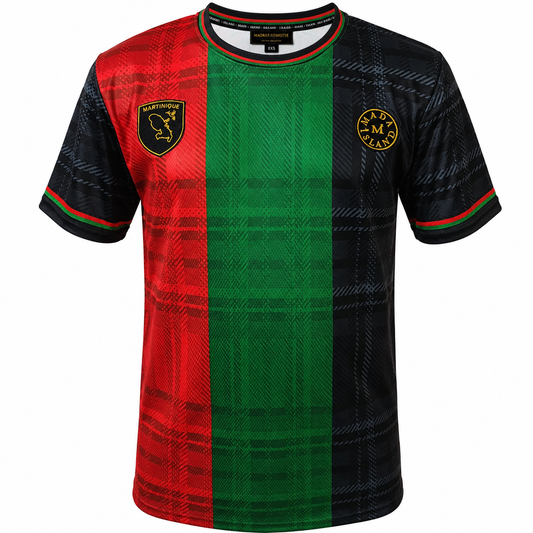 Maillot foot Madras Signature Mada Island pour homme, femme et enfant Martinique vue de face rouge, vert et noir.