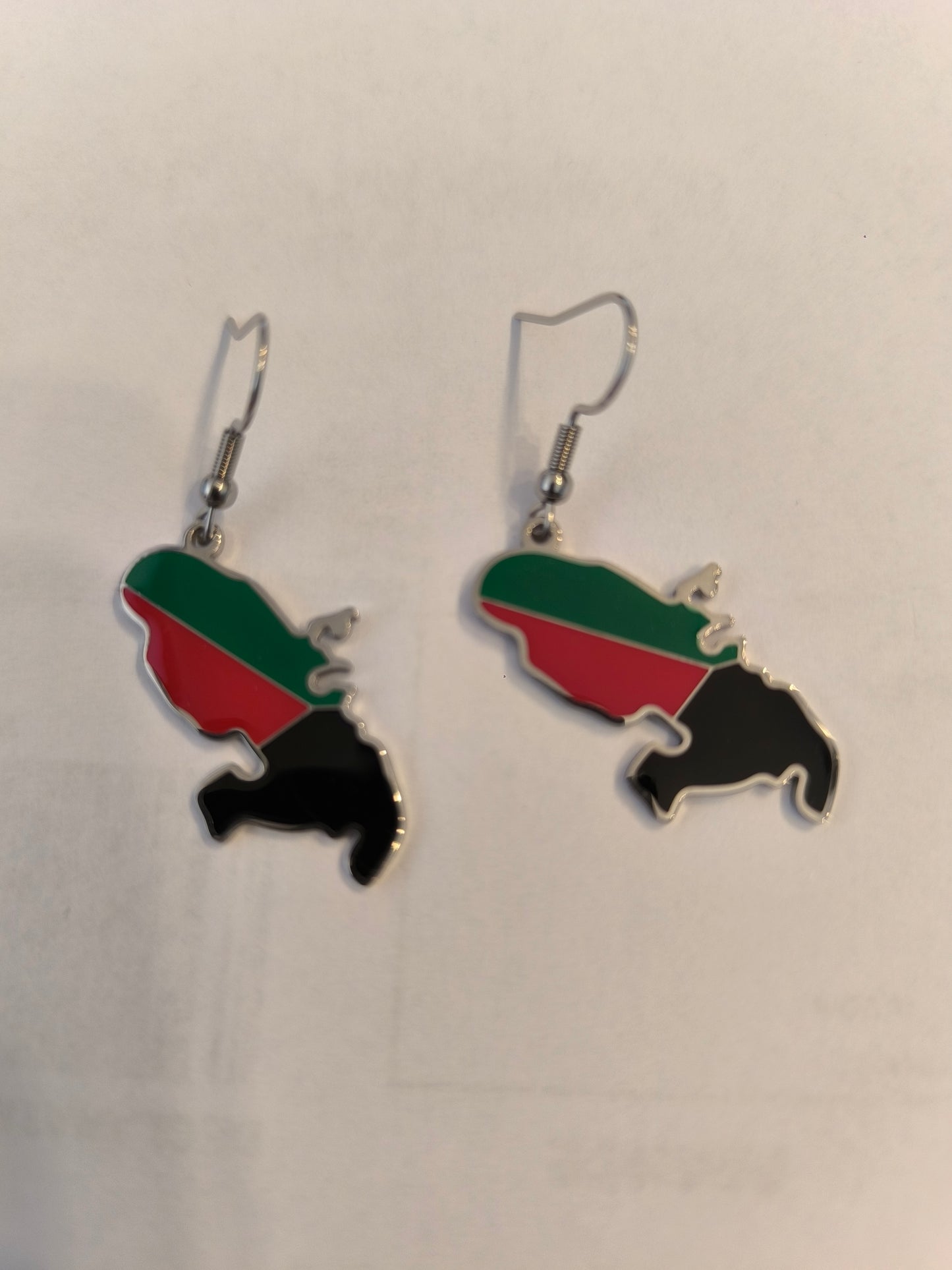 Parure Collier et Boucle d'Oreille Doré ou Argent Carte Martinique Rouge Vert Noir