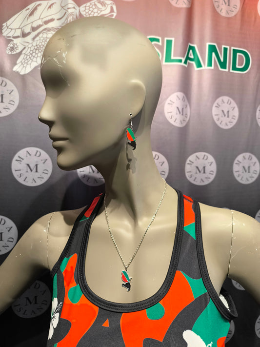 Parure Collier et Boucle d'Oreille Doré ou Argent Carte Martinique Rouge Vert Noir