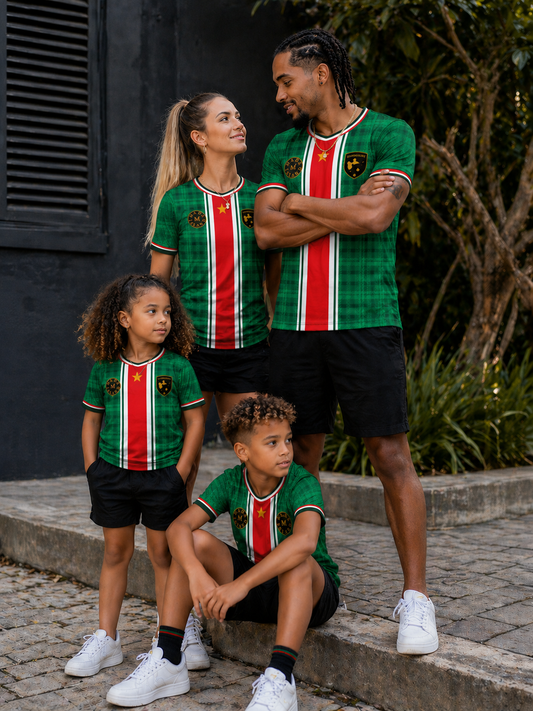 Collection Madras Signature Mada Island pour homme, femme et enfant inspirée de la Guadeloupe et du madras caribéen aux couleurs vert, blanc et rouge.