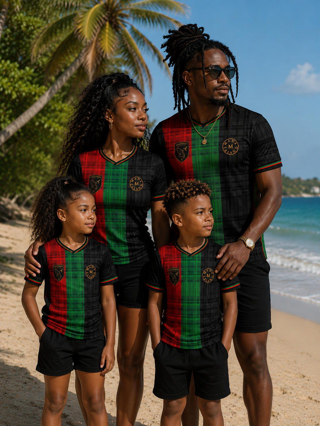 Collection Madras Signature Mada Island pour homme, femme et enfant inspirée de la Martinique et du madras caribéen aux couleurs rouge, vert et noir.