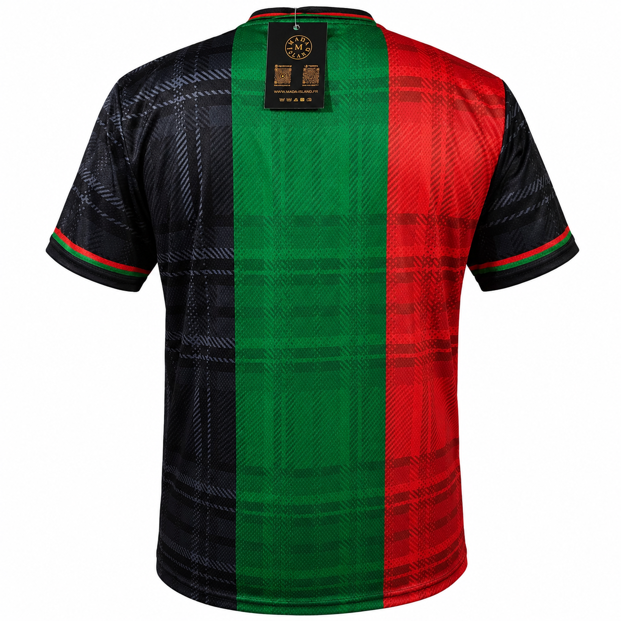 Collection Madras Signature Mada Island pour homme, femme et enfant Martinique vue de dos couleurs rouge, vert et noir.