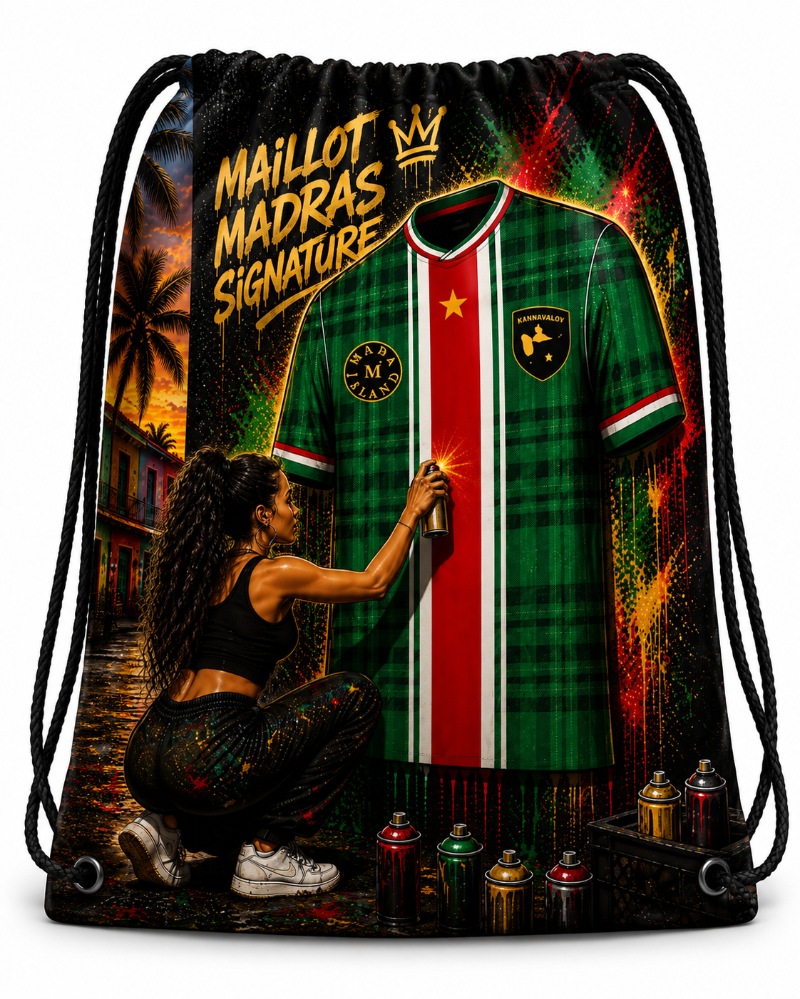 Sac Madras Signature Mada Island aux couleurs de la Guadeloupe avec illustration inspirée du madras caribéen.