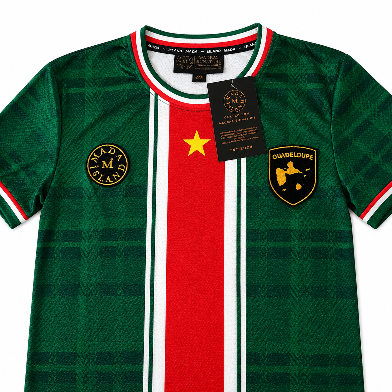 Maillot Madras Signature Mada Island pour homme, femme et enfant Guadeloupe au couleur du drapeau