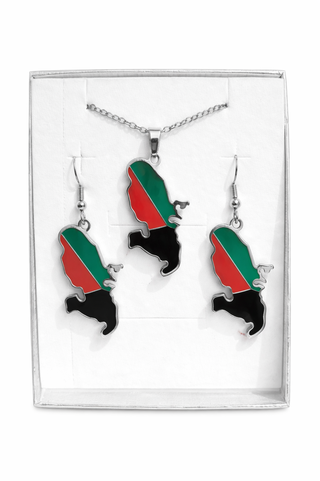 Boucles d'Oreille Doré ou Argent Carte Martinique Rouge Vert Noir