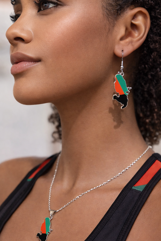 Boucles d'Oreille Doré ou Argent Carte Martinique Rouge Vert Noir
