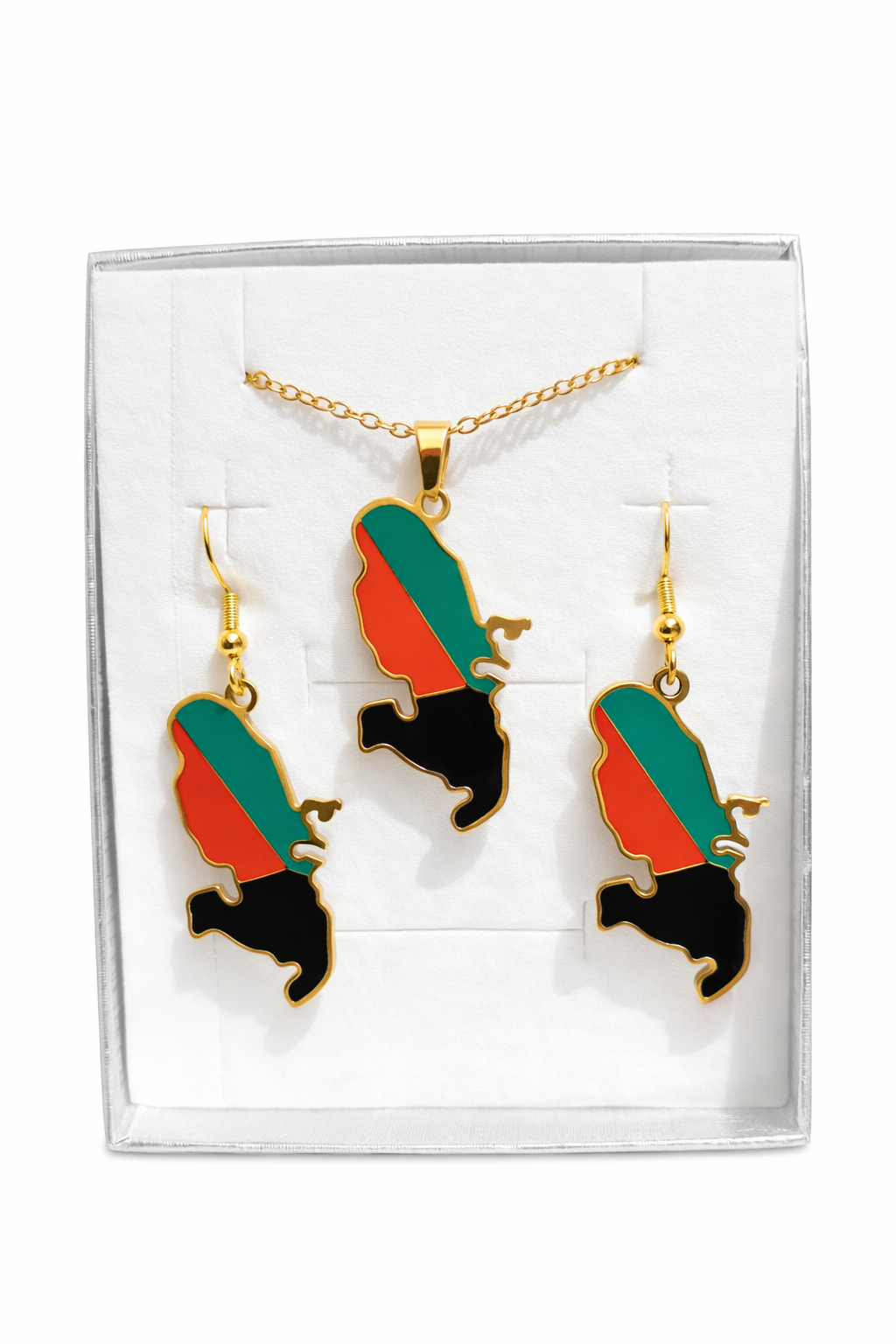 Boucles d'Oreille Doré ou Argent Carte Martinique Rouge Vert Noir